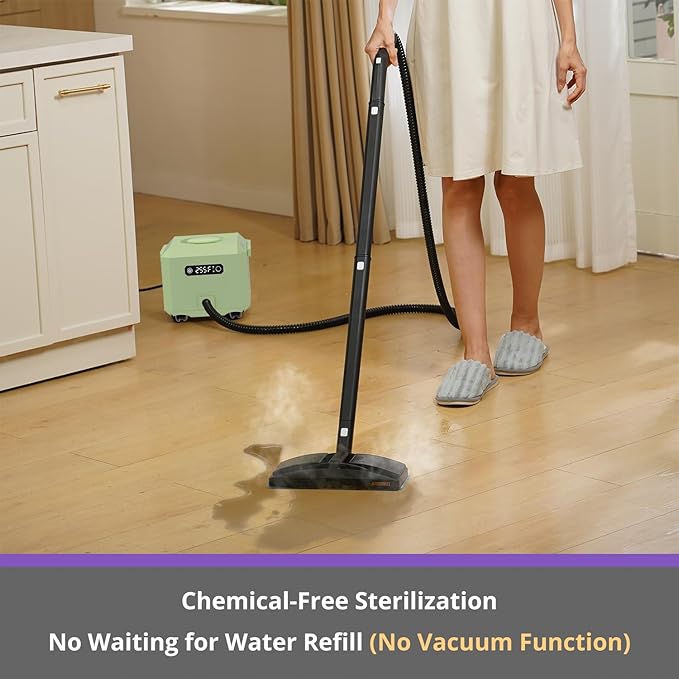 awasky Steam Cleaner: 1650W, Fast 50-Sec Heat-Up-21-Piece Kit Refill Anytime-No Cooling-Detachable Hose Steamer Mop for Home Use Car Bed Furniture Bathroom Tile Grout Floor Cleaning And More Green