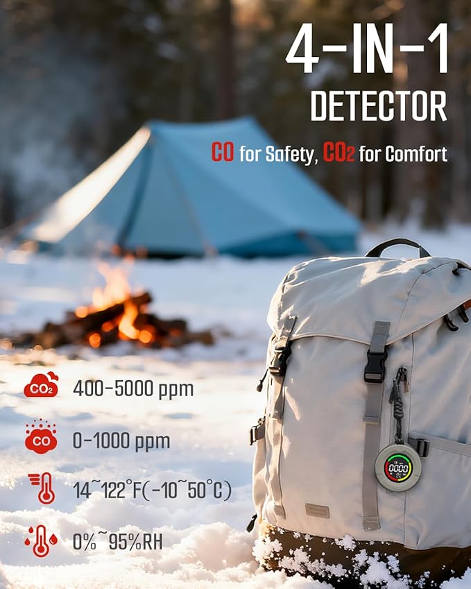 GasDoc DS-100PRO Portable CO & CO2 Detector for Travel, 4-in-1 Magnetic Carbon Monoxide and Carbon Dioxide Detector, Audible & Visual Alarm, 3-Day Standby, CO & CO2 Monitor for Home, Tent, RV