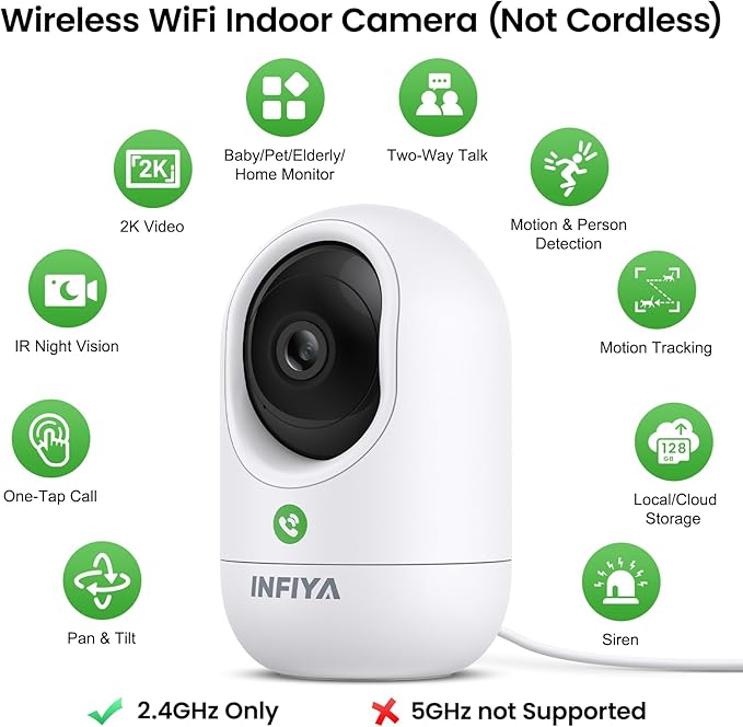 INFIYA 2K Security Camera Indoor-360 Cameras for Home Security and One-Tap Call, Elderly/Cat/Baby/Nanny, Motion Alert, Intelligent Tracking, 2.4GHz WiFi Only, Work with Alexa/Google Home, K7 2Pack