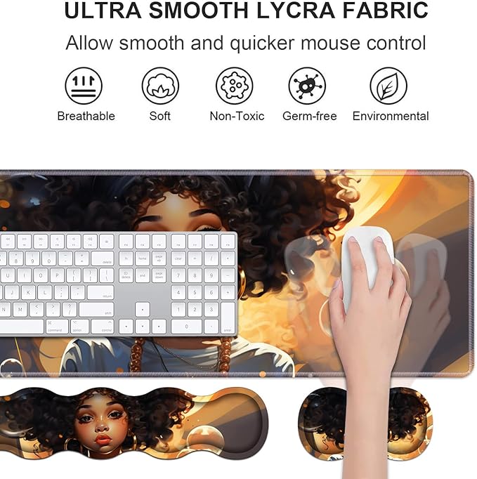 Ergonomic Keyboard Wrist Rest & Mouse Pad Wrist Rest Set, Large XXL Gaming Desk Mat 31.5"x 11.8" with Non-Slip Base, Memory Foam, Easy Typing Pain Relief for Home & Office - African American Girl