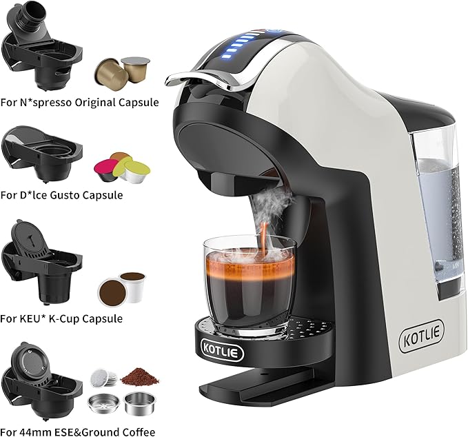 KOTLIE Single Cup Coffee Maker, Multi Capsule Machine Compatible With Various Capsule Types, 4 Temperature Settings, 7 Water Volume Levels,19 Bar(Glossy White)