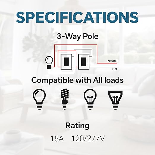 ThunderWay 3 Way Matte White Light Switch with Cover Plate, 15A 120/277 V Three Way Decorative Paddle Switches, Self-Grounding, Residential and Commercial Grade, UL Listed, 30 Pack