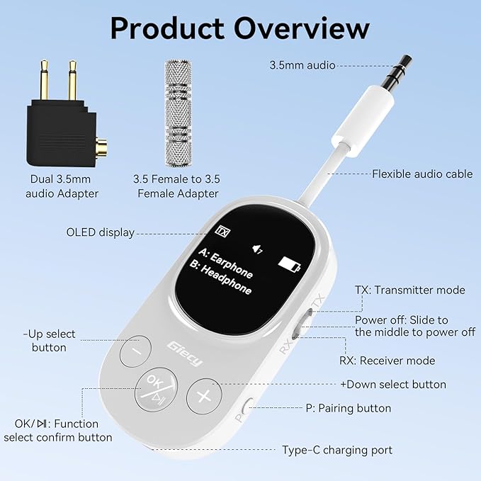 Giecy Airplane Bluetooth 5.3 Transmitter Receiver Adapter, Supports 2 AirPods or Headphones with aptX Low Latency, 3.5mm AUX Jack Wireless Audio Transmitter for Planes, Airline, Travel, TV (White)
