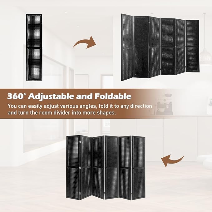 ECOMEX 6 Panel Room Divider, 5.6Ft Pegboard Display Wooden Room Divider Folding Privacy Screen Room Divider Freestanding Peg Board Display for Trade Show Craft Show Home Wall Organizer, Classic Black