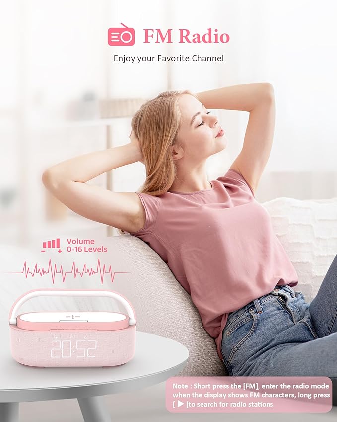 COLSUR Bluetooth Speaker Alarm Clock with Wireless Charger, FM Radio, Adjustable LED Night Light, 6 in 1 Bedroom Portable Speaker 2500mAh, Phone Stand for Bedside, Home, Office, Gift (Pink)