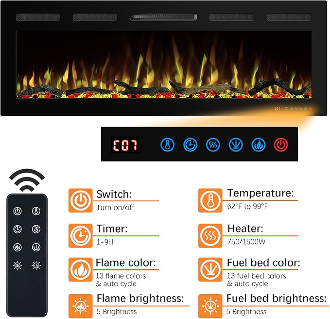 72" WiFi Electric Fireplace, Recessed and Wall Mounted Fireplace Heater, 13 Flame & Fuel Bed Colors, 5 Brightness, Thermostat, Timer, App and Remote Control, 750/1500W
