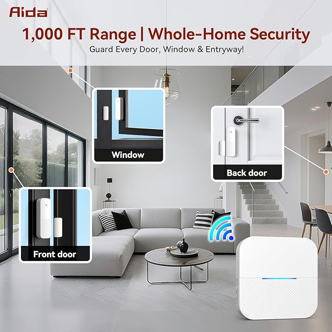 AIDA Door Alarms When Opened Wireless Ring Chime Sensor Alarm for Business/Home/Kids - 600ft Range, 58 Ringtones, 5 Volume Levels, Open Alert, Easy Install (1 Receiver + 1 Sensor)