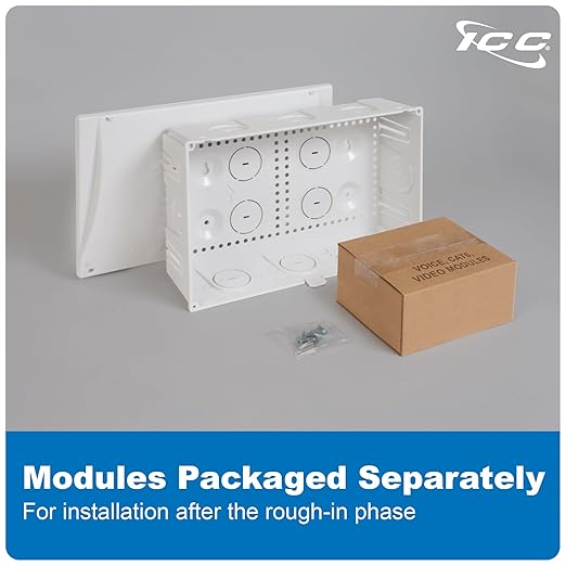 ICC 9” Plastic Structured Wiring Enclosure with Cover, Media Enclosure with CAT6 8-Port PoE++, 1x8 Bridged Telephone RJ31X, & 1x6 Video, Cable Management Box, UL Listed TAA Compliant, ICRESDC9PK