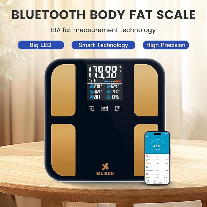 EILISON Smart Bathroom Scale with 4 Electrodes & BIA Technology High-Precision Body Fat Analyzer,Large Color Night Vision Touchscreen,Bluetooth App Sync for 19 Metrics,400LBS Capacity (Smart Black)