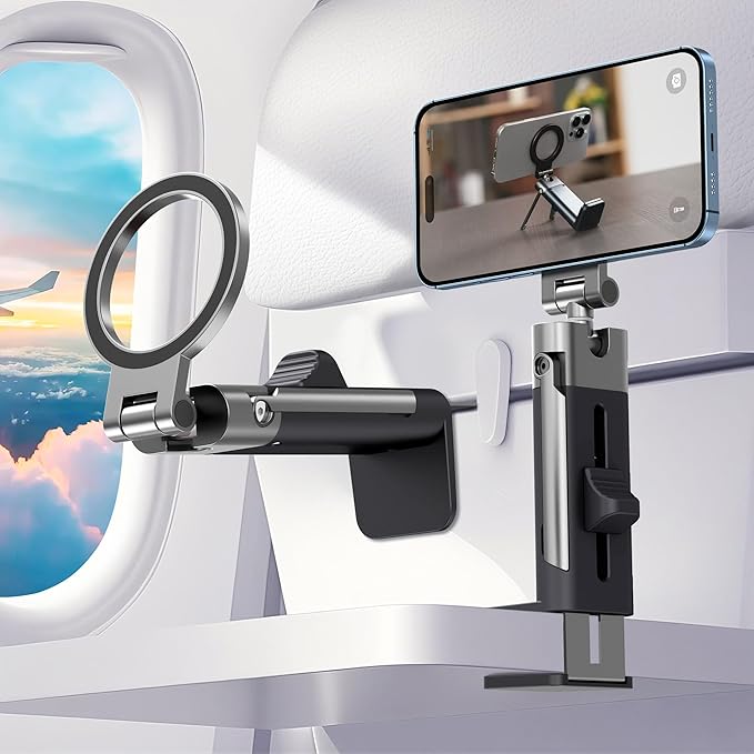 Airplane Travel Essentials Phone Holder,Plane Phone Mount for MagSafe,Foldable Magnetic Phone Stand for Desk 360° Swivel,Universal in Cruise Airplane Travel Gadgets for Men Women for iPhone 17