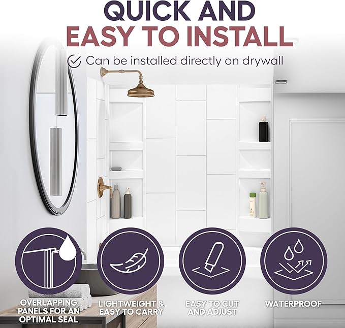 White Acrylic Tub Wall Surround 32"x 60"x 58" - Waterproof, Easy-to-Install, Two Shelf Units Kit Included - Bathtub Wall Surround Panels - Vertical Pattern, Dynamic Shelves