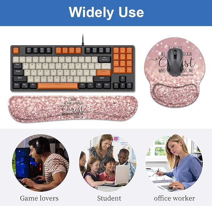 Keyboard Wrist Rest + Mouse Pad Wrist Support Set with Coasters, Non-Slip PU Base Ergonomic Mousepad for Home Office Working Studying Easy Typing & Pain Relief, Bible Verse Philippians 4-13