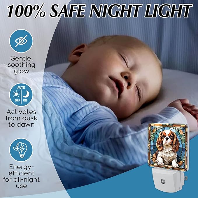 PODMemory Cavalier King Charles Spaniel Stained Glass Night Lights Plug into Wall for Room, Cavalier King Charles Spaniel Night Light LED for Bedroom