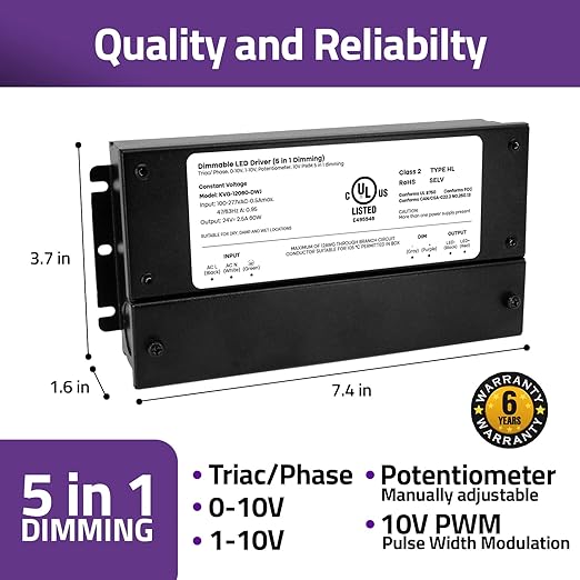HitLights 24V 60W Dimmable LED Driver – Smooth Flicker Free Dimming – TRIAC, 0-10V, Phase Cut, & 10V PWM – Compatible with Lutron and Leviton Dimmer Switches, UL Listed, Class 2, 100-277V AC – 2.5A DC