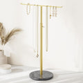 Josmimic Gold Necklace Holder Jewelry Organizer Stand – Adjustable Height T‑Bar Jewelry Display with Dark Gray Marble Base, Necklace & Bracelet Holder, Countertop Jewelry Stand