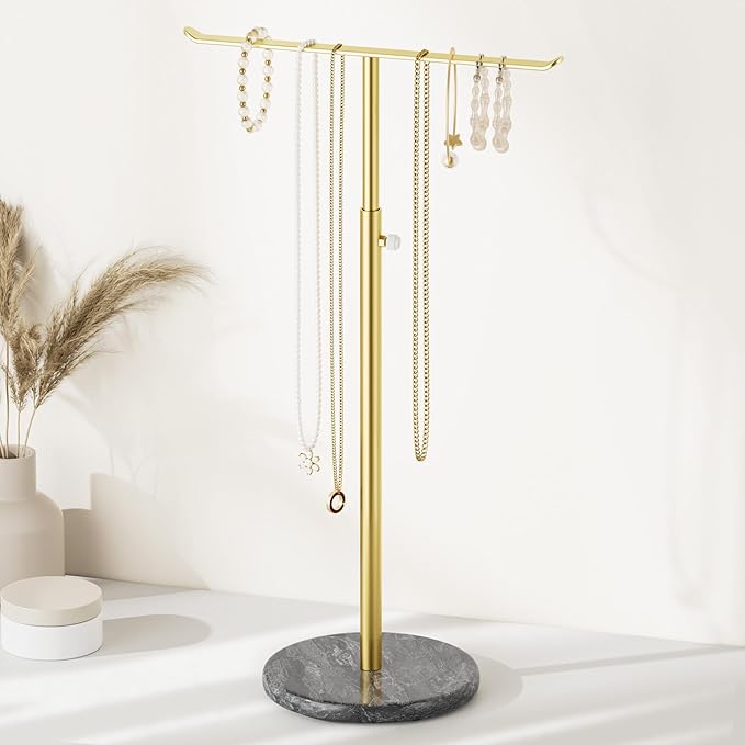 Josmimic Gold Necklace Holder Jewelry Organizer Stand – Adjustable Height T‑Bar Jewelry Display with Dark Gray Marble Base, Necklace & Bracelet Holder, Countertop Jewelry Stand