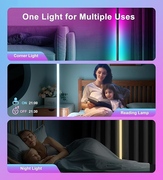 Bcmsda RGB LED Floor Lamp, RGB LED Corner Lamp with Music Sync, Remote Control Color Changing Ambience Light, 16 Million DIY Colors Timer Setting for Living Rooms, Bedrooms and Gaming Rooms