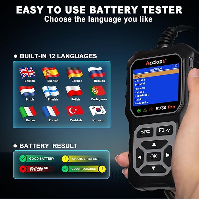 Acclope BT60 Pro Car Battery Tester, Digital Analyzer with Cloud Printing, 6V/12V/24V Battery Checker for AGM, Lithium, Gel Batteries, 100-3000 CCA Range, Automotive Charging System