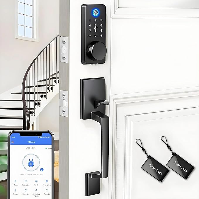Smart Keyless Entry Door Lock Set w/Front Door Handle, 0.1s Fingerprint Biometric Unlock, APP/Passcodes/Cards Control, Auto Lock Keypad Deadbolt, Easy Install for Entry Bedroom
