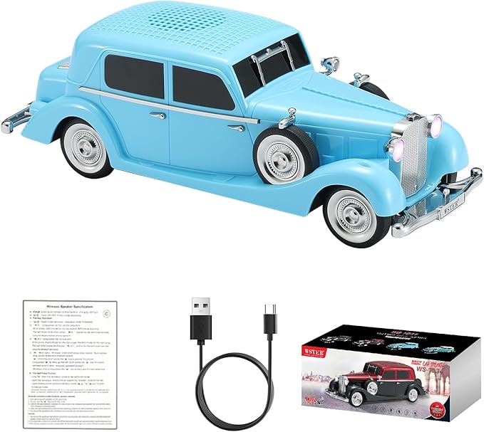 WSTER WS-1934 Retro Classic Car Bluetooth Replica Speaker – Wireless HD Sound with FM Radio,TWS Stereo,LED Party Lights,Built-in Microphone Hands-Free Call, Surprise Portable Gift for Party Use(Blue)