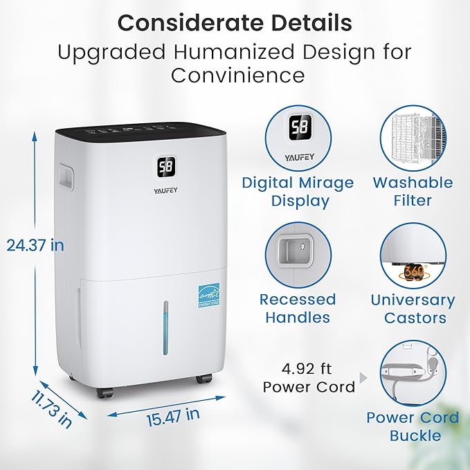 Yaufey 150 Pints Energy Star Dehumidifier for Home, Basement and Large Room up to 7000 Sq. Ft., with Drain Hose, Timer, Intelligent Humidity Control and Large Water Tank