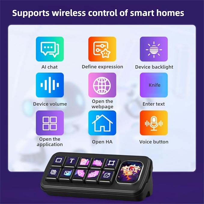 Yunseity AI Voice Control Panel, 10 LCD Mechanical Buttons with 2.01 Inch Auxiliary Screen, Support for Wins for OS X with Dynamic Theme Editor, for Smart Home Automation (White)