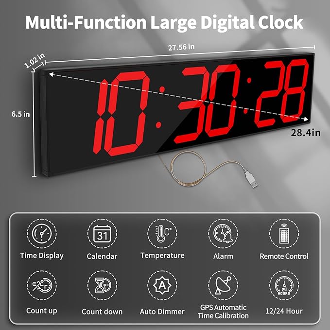 CHKOSDA 28.4''Large Digital Wall Clock,Automic Digital Clock with Alarm,Clendar and Termperature,Auto Time Sync with Easy Operation, Big Timer with Countdown and Countup (Red)