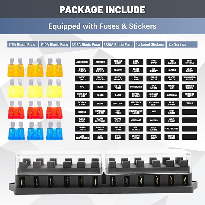 RED WOLF 12 Way Fuse Block Blade Box Holder Standard Circuit Fuses Holder Fit Car Trailer Truck SUV Boat Marine Auto RV Power Distribution Panel Damp-Proof Cover DC 10-32V