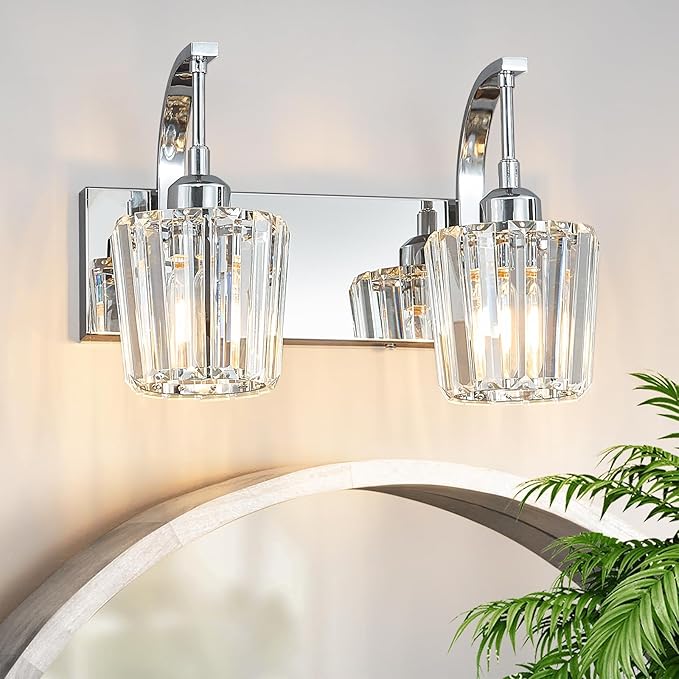 FDPBY Modern Bathroom Vanity Light, 2-Light Chrome Wall Sconce with Crystal Accents, Over Mirror Bathroom Lighting Fixture, 13.77" Long Dimmable Vanity Lamp for Makeup, Easy Installation