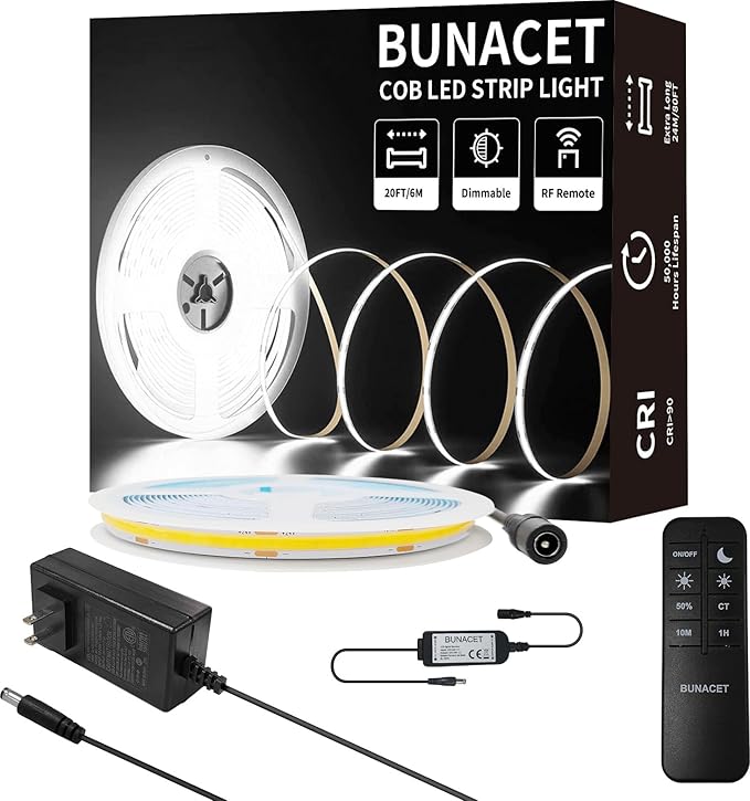 BUNACET COB LED Strip Light 20ft/6m Cool White 6500K High Lumen CRI 90+ with UL Listed Power Adapter RF Remote for Bedroom Counter Under Cabinet Kitchen Projects