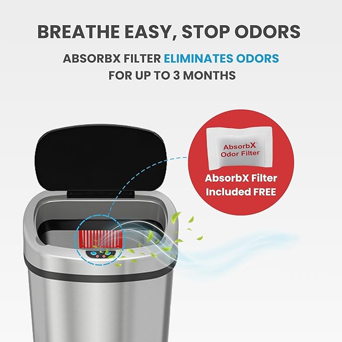 iTouchless SensorCan 50 Liter / 13 Gallon Kitchen Trash Can with Wheels & Odor Filter – Mobile Motion Sensor Stainless Steel Garbage Bin for Home, Office, Garage, Slim Oval Shape Large Capacity Design