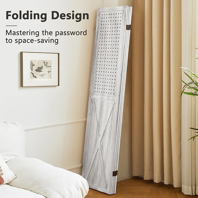 ALeesing 4 Panel Pegboard Wood Room Divider, 5.6Ft Pegboard Display Folding Privacy Screens, Peg Board Display Freestanding for Trade Show Craft Show Home Wall Organizer, Retro White