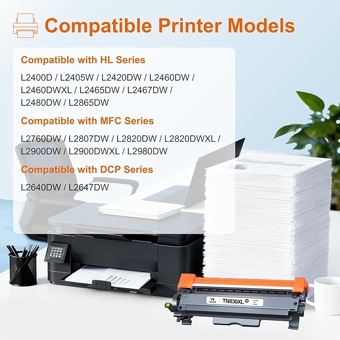 VLOVEINK Compatible TN830XL Toner Cartridge Replacement for Brother TN830XL TN830 XL 830 Toner Work with Brother Printer HL-L2460DW DCP-L2640DW HL-L2405W MFC-L2820DW HL-L2400D (2 Pack, Black)