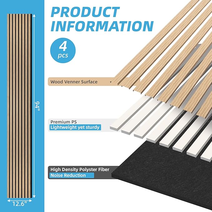Art3d 4-Piece 94 x 12.6 Inch Acoustic Lightweight Slat Wall Panel - Waterproof Wood Textured Wainscoting Panel of 33 Sq.Ft for Bedroom, Home Theater Office Accent Wall, Boxwood