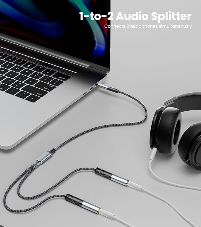 JOMLEY Headphone Splitter 1ft(0.3m), Audio Splitter 3.5mm 1 Male to 2 Female Adapter, Nylon-Braided 3.5mm Dual Headphone Jack Extension Cable for Headset, Smartphone, Tablet, Laptop