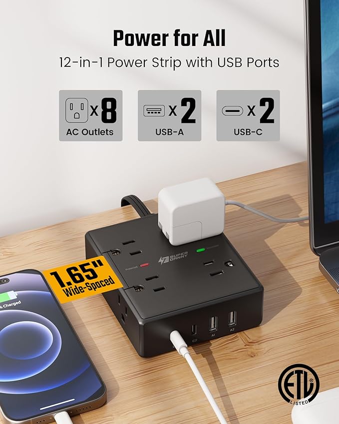15Ft Extension Cord with Multiple Outlets, Flat Plug Power Strip Surge Protector with 15 Ft Long Cord, 8 Outlet 4 USB Ports (2 USB C), Desk Charging Station for Home Office, College Dorm Room