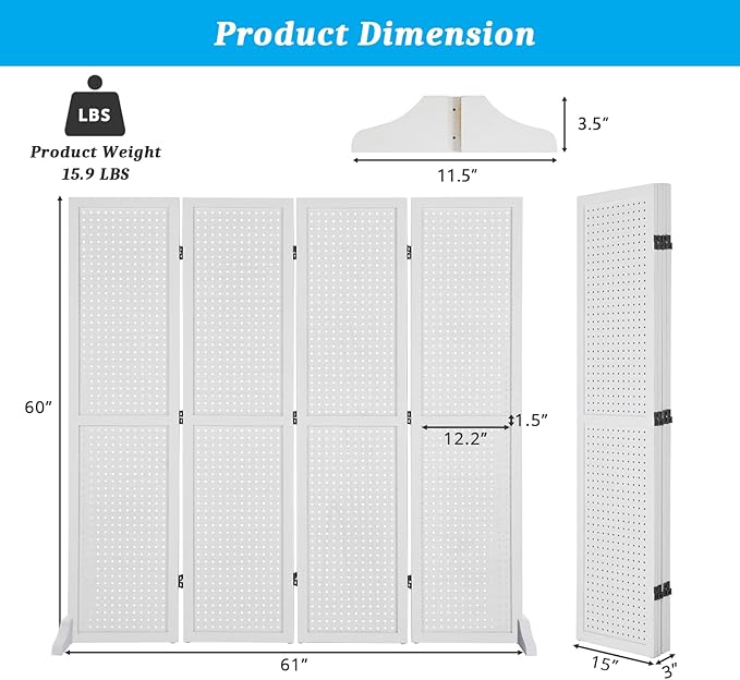 Bonnlo 4 Panel Pegboard Freestanding, 5 FT Portable Display Board Organizer for Craft Show Jewelry, Wooden Folding Privacy Screen Room Divider (with Base, White)