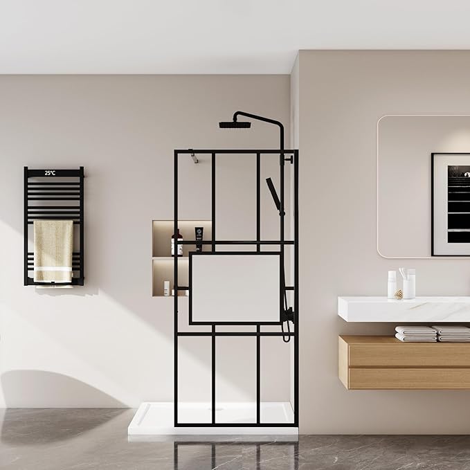 Goodyo 34” X 72” Glass Shower Door Fixed Framed Shower Screen Tempered Glass Panel for Walk-in Shower Room, Grid Pattern, Middle Frosted Glass, 3-Pieces Glass, Matte Black Finish