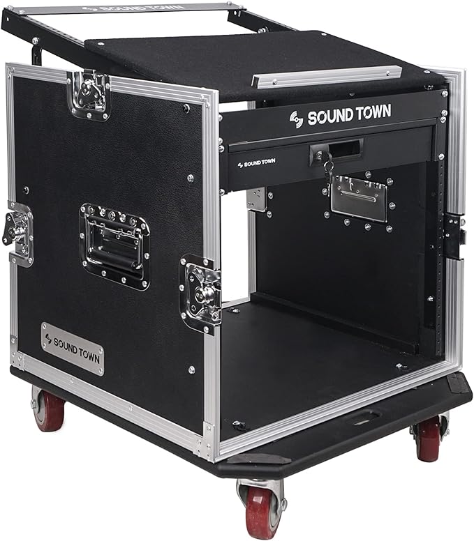 Sound Town High-Quality 1/2” (12mm) Plywood 10U PA DJ Pro Audio Rack/Road ATA Case with 11U Slant Mixer Top, Locking Drawer, 20’’ Rackable Depth and Casters (STMR-10D2)