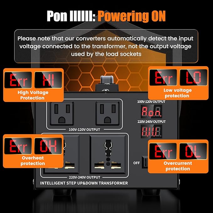 1000W Voltage Converter Transformer Step Up 110V/120V to220V/240V or Step Down 220V to 110V AC Power Converte, Circuit Breaker Protection, 2 US sockets, 2 Universal sockets, LCD Display