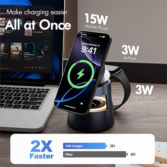 5 in 1 Magnetic Wireless Charger Bluetooth Speakers and Night Light for Apple Mag Safe iPhone 17 16e 16 15 14 13 12 Pro Max iWatch and AirPods Fast Charging Station Gift Ideal for Men Teenage Boys