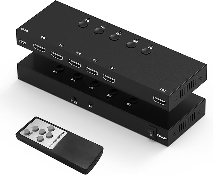 4K@60Hz 5 in 1 Out HDMI Switch, 5 Port HDMI Switcher Selector Support HDR10 & HDCP 2.2 & Full 3D with IR Remote Control and ON/Off Switch for Nintendo Switch,Xbox PS5/PS4,Fire Stick,Roku,Apple TV