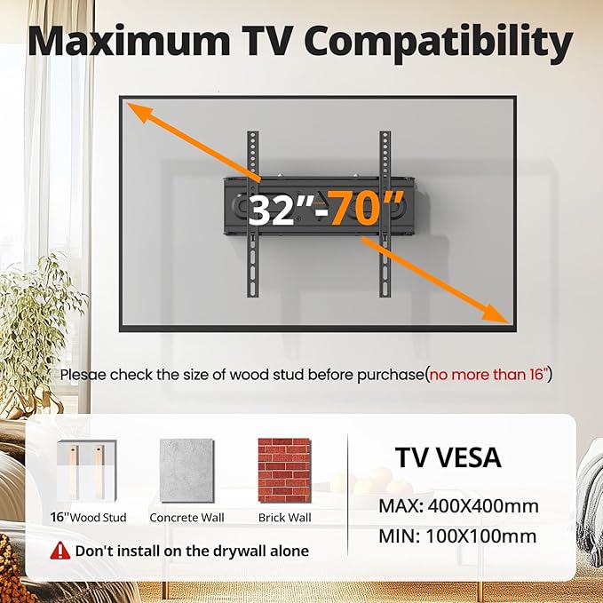 IWORKBOARD 50 55 65 inch Full Motion TV Wall Mount for 32-70 inch TV Bracket, Dual articulating Arms Mount, Tilt Swivel Extension Level, Max VESA 400x400mm, 16" Studs, 110 lbs,Fit Most 40 43 50+ TVs