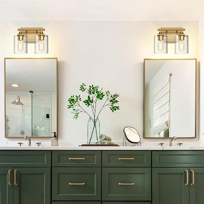 XPEHK Gold Vanity Lights for Bathroom,2-Light Bathroom Light Fixtures,Brushed Brass Gold Wall Sconce Lighting,Modern Wall Lamp for Mirror Bedroom Vanity Table Hallway