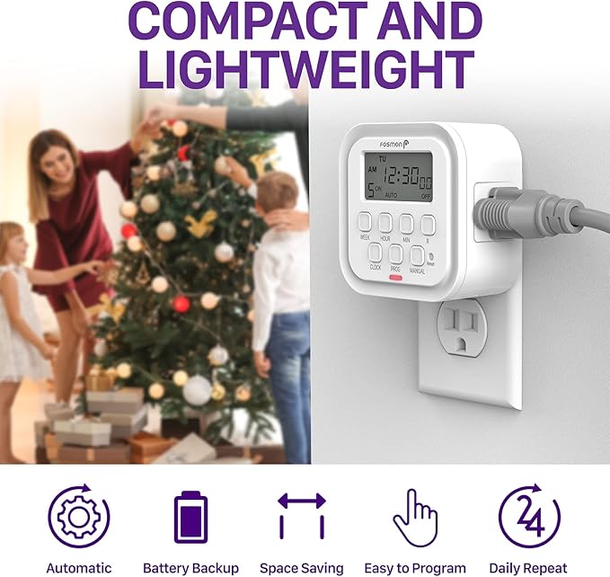 Fosmon 7 Day Digital Timers for Electrical Outlets, Indoor Plug-in Light Timers Switch Programmable, Electric Wall Plug for Lamp, Grow Reptile Lights, Aquarium, 15A/1875W, Grounded- 2 Pack