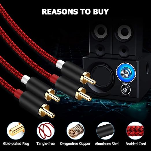 Goalfish RCA Cable, 2-Male to 2-Male RCA Audio Cord Stereo Subwoofer Cable [2Pack, Hi-Fi Sound, Shielded] Auxiliary Cord for Home Theater, HDTV, Amplifiers, Hi-Fi Systems, Speakers- 6 Feet, Red