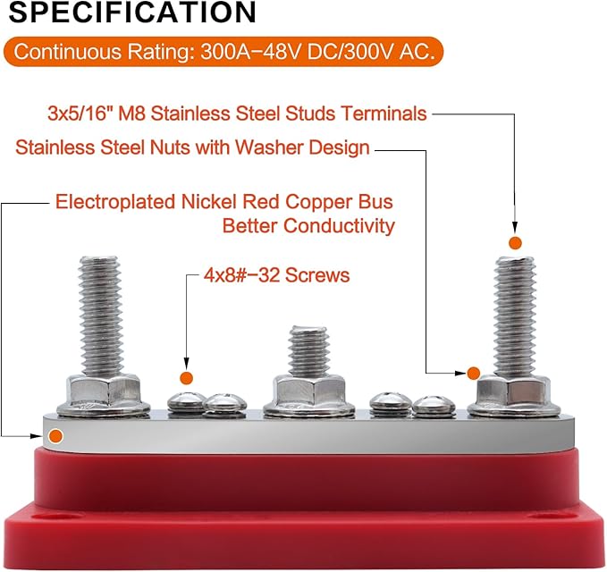 AMOMD 300A Bus Bars 3 Terminal Studs (5/16 inch) M8 4x8#-32 Screws Nickel Plated Copper Distribution Block Negative Electrical Buss Bars 12-48 V DC with Cover for Trailer Marine Boat Car RV (Red)