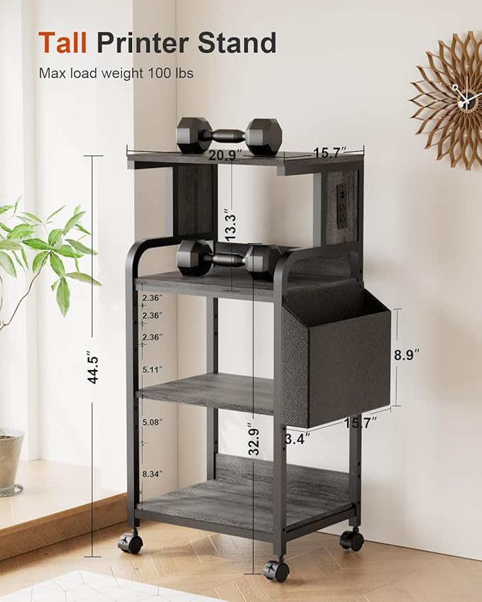 DongRong Tall Printer Stand with Storage Adjustable Shelf and Bag, 4-Tier Large Printer Table with Charging Station for Home Office, Printers Cart with Wheels for 3D Shredder Scanner Fax (Grey)