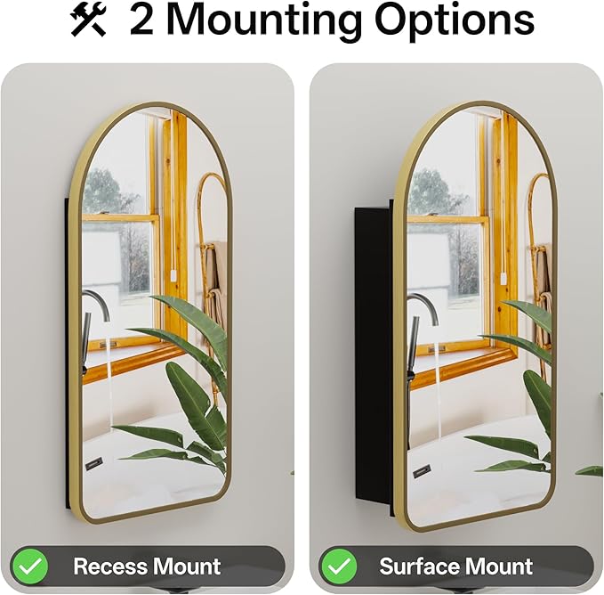 Arched Bathroom Medicine Cabinet with Mirror, No Assembly Needed, Recessed or Surface Mount Wall Storage Cabinet, Mirror Cabinet with Tissue Slot & 2X Magnifying Mirror (Gold, 29.5"L x 15.7"W)
