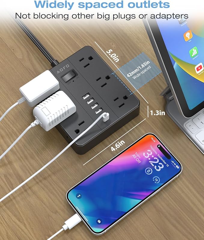 AOFO 25FT Surge Protector Power Strip,12 AC Outlets with 6 USB Ports (2 USB-C), Flat Plug Extension Cord with Multiple Outlets, Wall Mount for Home Office,Dorm, Black
